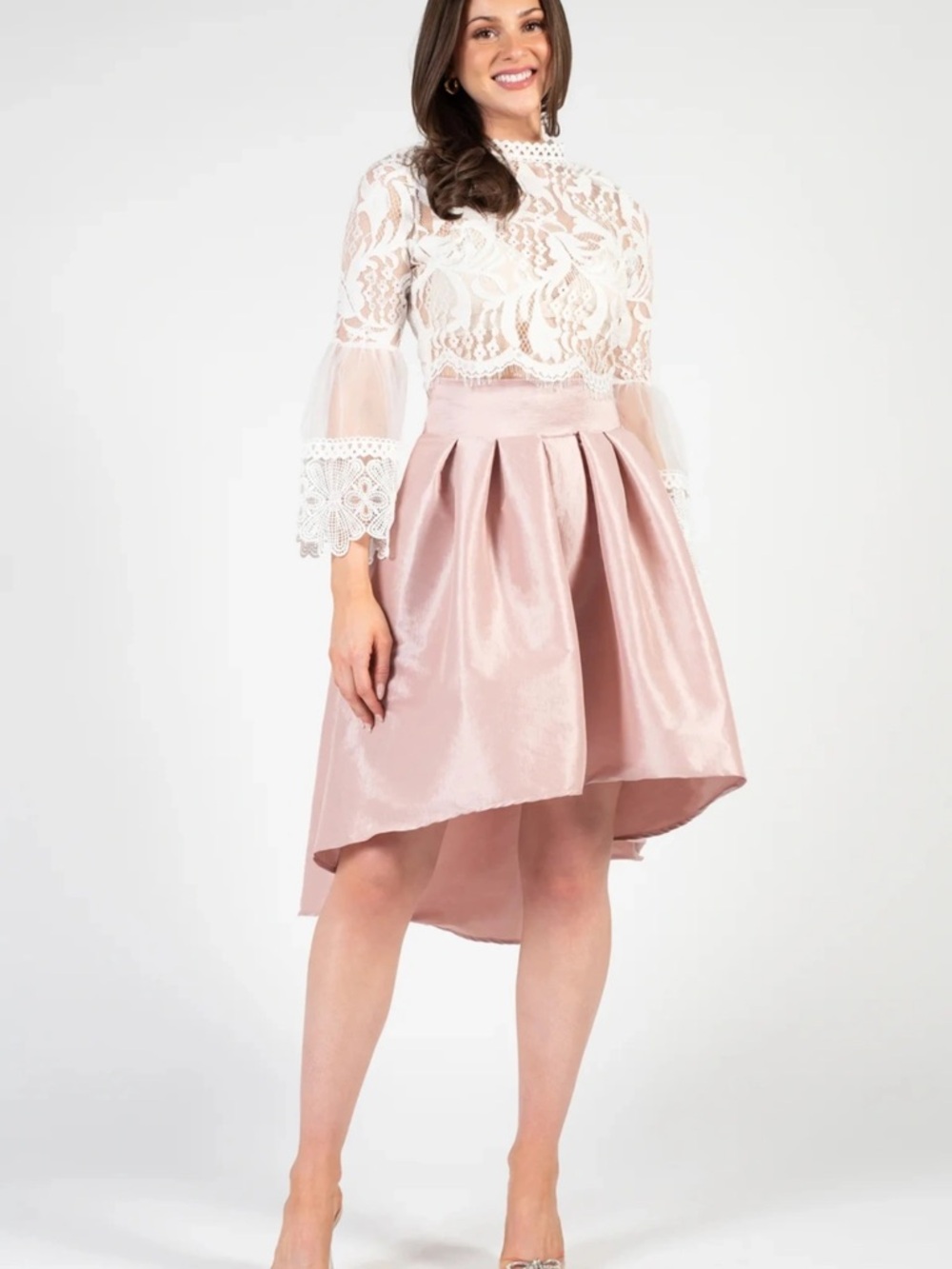 Pleated High-Low Satin Skirt in Dusty Rose